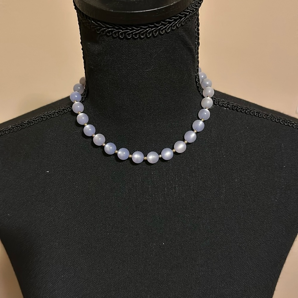 Stunning Vintage Blue Chalcedony Beaded Sterling Silver Necklace